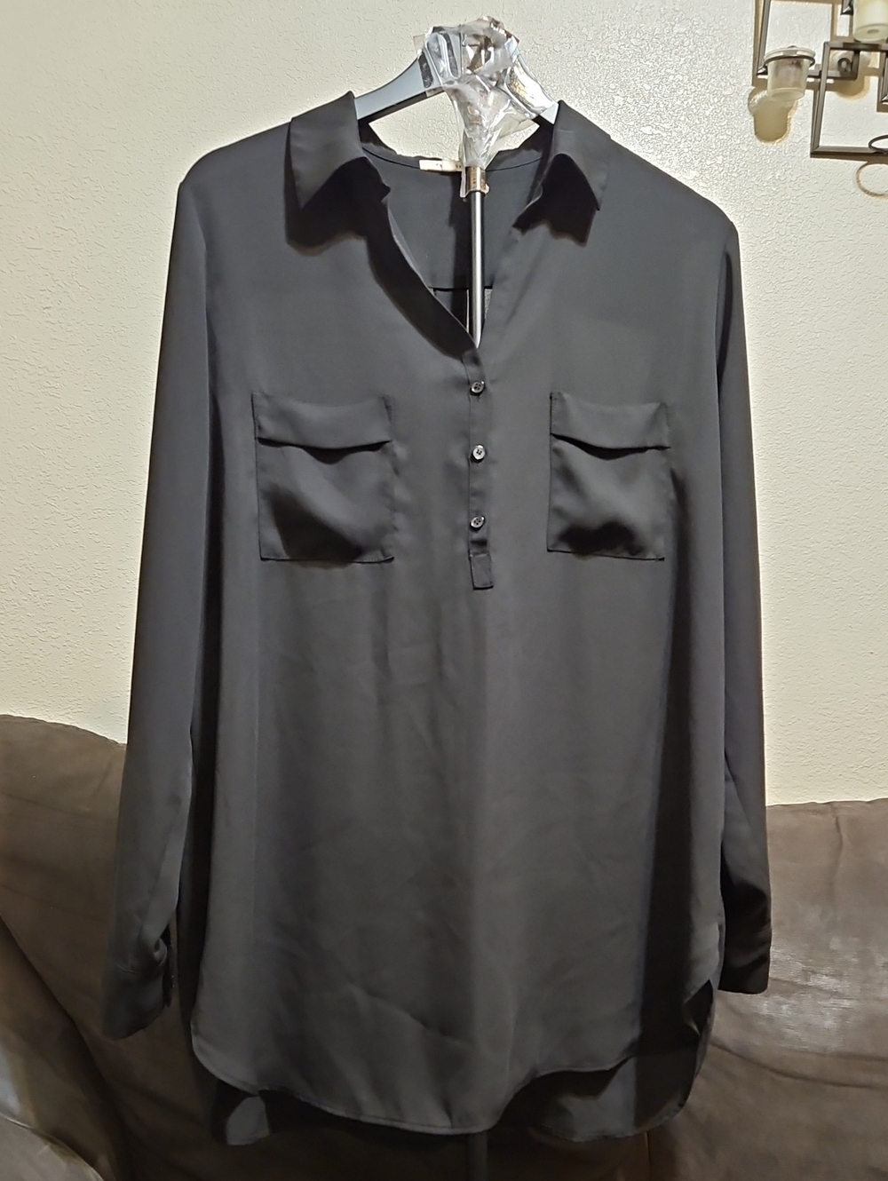 Pleione Black Long-Sleeve Button Neck Tunic Shirt